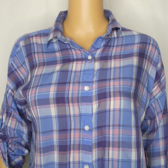 Black by Moussy Plaid Button Up Tab Sleeve Shirt Blue Pink Lighyweight - Picture 2 of 9